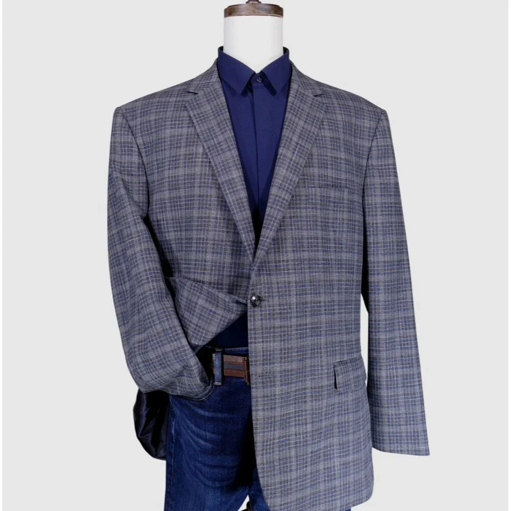Jos A Bank Sport Coat Blazer Men 48L Traditional Unstructured Gray Blue Plaid